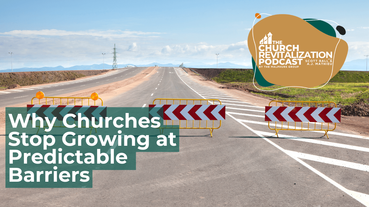 Church-Revitalization-Health-Growth-Discipleship_The-Malphurs-Group_church-growth-barriers-predictable-obstacles A road with barriers and a sign indicating growth challenges, related to church revitalization.