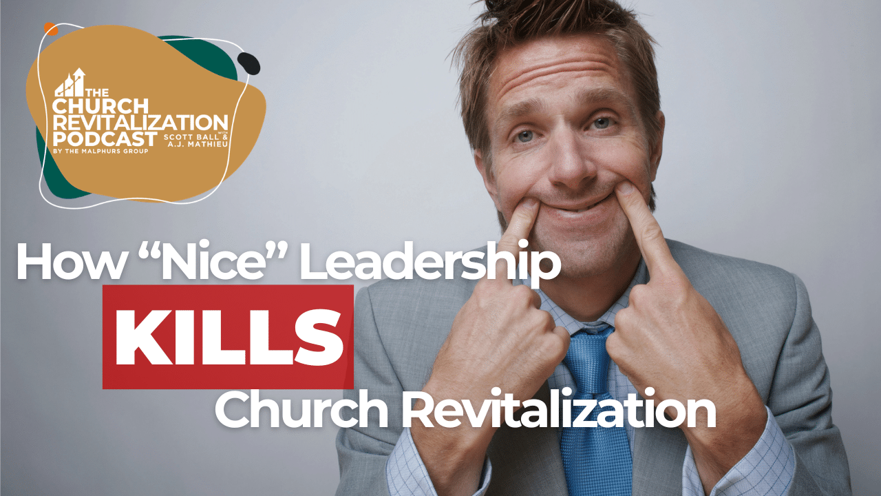Church-Revitalization-Health-Growth-Discipleship_The-Malphurs-Group_church-revitalization-leadership A man in a suit smiling while poking his cheeks, with text about church revitalization podcast episode.