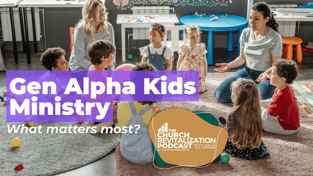 Church-Revitalization-Health-Growth-Discipleship_The-Malphurs-Group_gen-alpha-kids-ministry-tips Two adults teaching a small group of diverse children sitting on a rug in a classroom setting.