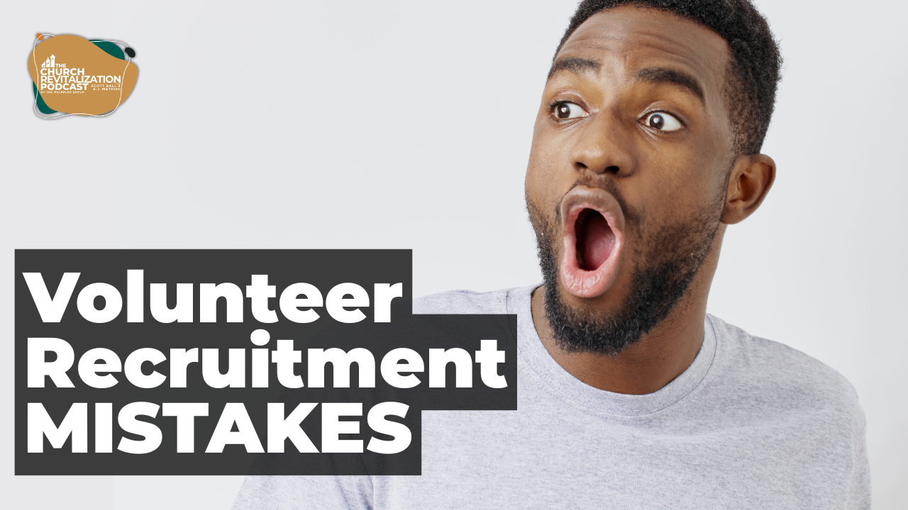 Church-Revitalization-Health-Growth-Discipleship_The-Malphurs-Group_church-volunteer-recruitment-mistakes A man with a shocked, surprised expression next to the text Volunteer Recruitment MISTAKES.