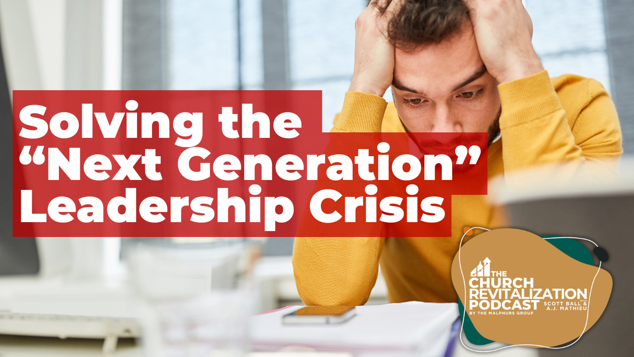 A man in a yellow sweater holding his head in stress with the text Solving the Next Generation Leadership Crisis