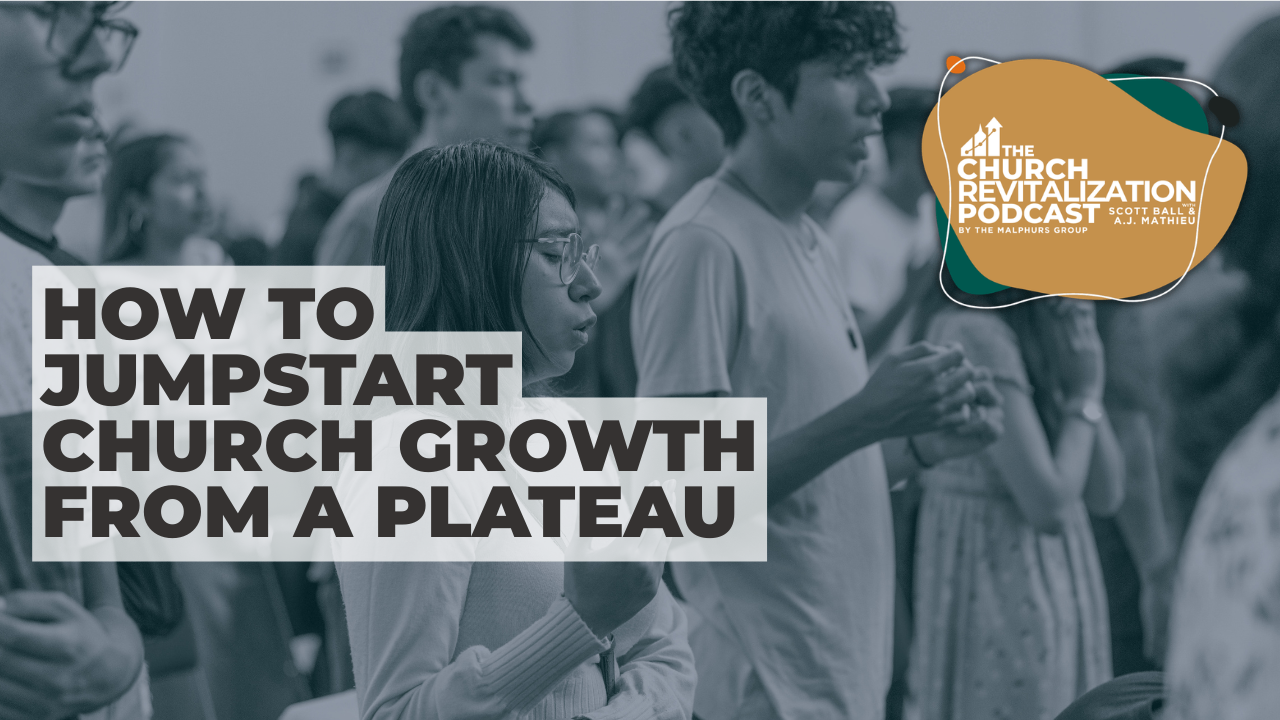 A diverse group of people in a church service with text overlay: How to Jumpstart Church Growth from a Plateau.