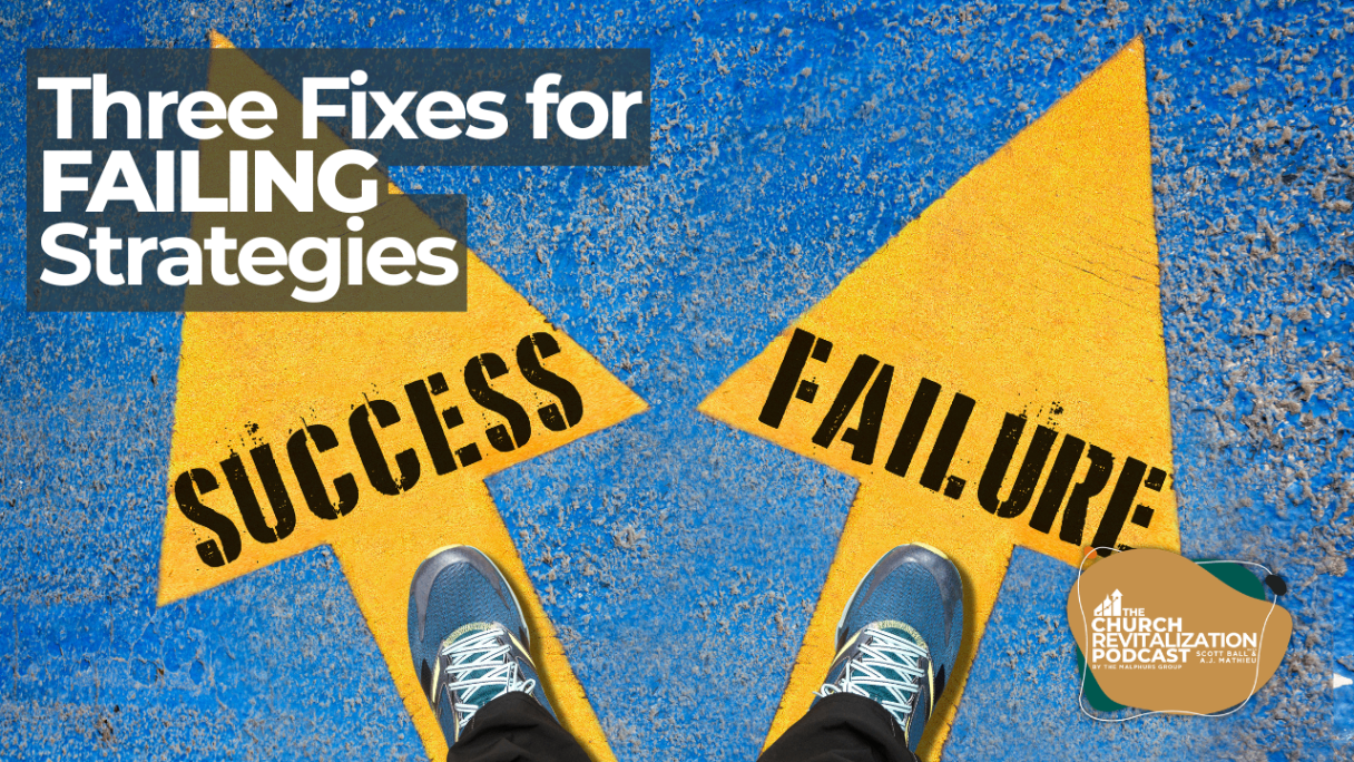 A person standing at a fork in the road on yellow arrows labeled Success and Failure, with text Three Fixes for Failing Strategies.