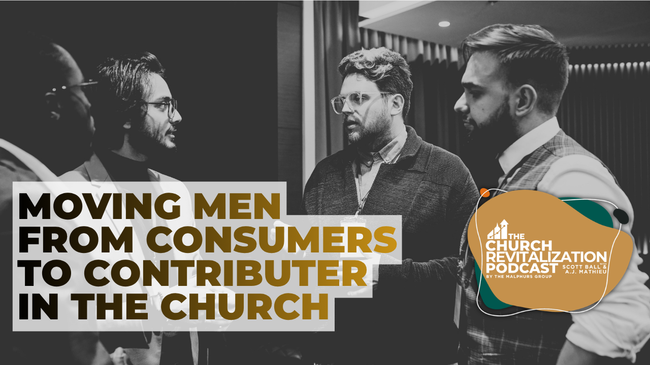 A group of men in a business-casual setting engaged in deep conversation for The Church Revitalization Podcast.