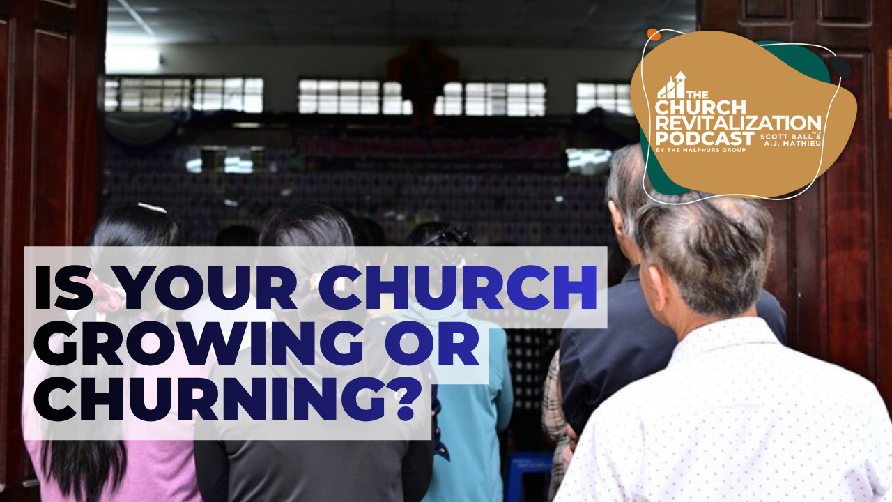 A view from behind of a congregation standing in a church with text overlay reading 'IS YOUR CHURCH GROWING OR CHURNING?'
